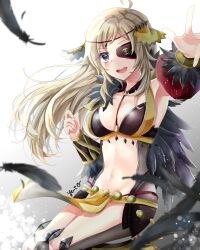 Rule 34 | 1girl, ahoge, armpits, bat wings, black feathers, blonde hair, bodystocking, breasts, circlet, cleavage, detached collar, feathers, fire emblem, fire emblem fates, fire emblem heroes, floating clothes, grey eyes, hair ornament, kneehighs, long hair, looking at viewer, magic, medium breasts, armored boots, navel, nintendo, o-ring, official alternate costume, ophelia (fire emblem), pantyhose, pelvic curtain, puffy sleeves, shoulder pads, smile, socks, solo, swept bangs, wings, yuyu (spika)