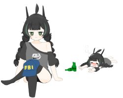 1girl ahoge bad_tag black_hair blush bottle braid clavicles crossed_legs elfinpsyop fbi green_eyes horns indie_virtual_youtuber loose_clothes loose_shirt lying mechanical_horns mettoretto neck shirt sitting solo twin_braids usb_symbol white_background