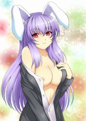 Rule 34 | 1girl, animal ears, aogu, bare shoulders, breasts, cleavage, female focus, highres, jacket, large breasts, long hair, nipple slip, nipples, no bra, open clothes, open shirt, purple hair, rabbit ears, red eyes, reisen udongein inaba, shirt, solo, touhou