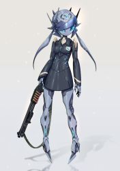 Rule 34 | 1girl, black dress, breasts, closed mouth, colored skin, copyright request, dress, grey background, grey skin, gun, highres, holding, holding gun, holding weapon, humanoid robot, long sleeves, no feet, pigeon-toed, pochincoff, reflective floor, robot, shotgun, shotgun shell, small breasts, smile, solo, standing, twintails, weapon