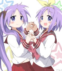 Rule 34 | 2girls, :d, absurdres, blue eyes, cowboy shot, cynical (llcbluckg c004), from side, hairband, highres, hiiragi kagami, hiiragi tsukasa, holding hands, long hair, looking at viewer, lucky star, multiple girls, open mouth, purple hair, red sailor collar, red skirt, ryouou school uniform, sailor collar, school uniform, serafuku, short hair, siblings, sisters, skirt, smile, standing, star (symbol), twins, twintails, white background, white serafuku, yellow hairband
