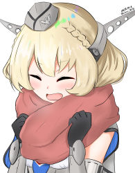 Rule 34 | 1girl, absurdres, bad id, bad twitter id, black gloves, blonde hair, blouse, blue eyes, blue necktie, braid, capelet, closed eyes, colorado (kancolle), commentary request, elbow gloves, garrison cap, gloves, grey hat, hat, headgear, highres, himenagi yuuki, kantai collection, necktie, one-hour drawing challenge, open mouth, red scarf, scarf, shirt, short hair, side braids, simple background, sleeveless, solo, twin braids, upper body, white background, white shirt