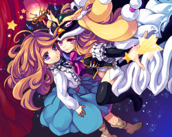 Rule 34 | 10s, 2girls, bad id, bad pixiv id, boots, curtains, detached sleeves, dutch angle, frilled sleeves, frills, helmet, hxrxr, long hair, long skirt, mawaru penguindrum, multiple girls, orange hair, outstretched hand, pink eyes, princess of the crystal, purple eyes, skirt, standing, star (symbol), takakura himari, thighhighs
