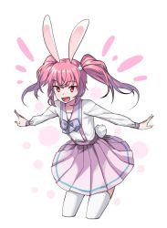 Rule 34 | 1girl, :d, animal ears, clothing cutout, commentary, cropped legs, fang, hair bobbles, hair ornament, long hair, long sleeves, open mouth, original, outstretched arms, pink hair, pink skirt, pleated skirt, rabbit ears, rabbit tail, red eyes, saiste, shirt, simple background, skirt, smile, solo, spread arms, suspender skirt, suspenders, tail, tail through clothes, thighhighs, twintails, white background, white shirt, white thighhighs