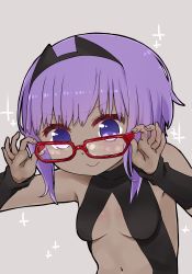 Rule 34 | 1girl, bare shoulders, black leotard, breasts, center opening, closed mouth, dark-skinned female, dark skin, fate/prototype, fate/prototype: fragments of blue and silver, fate (series), fingernails, glasses, grey background, hands up, hassan of serenity (fate), i.u.y, leotard, navel, purple eyes, purple hair, red-framed eyewear, sidelocks, simple background, small breasts, smile, solo, v-shaped eyebrows