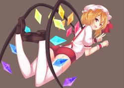 Rule 34 | 1girl, ass, blonde hair, fang, flandre scarlet, from behind, garter straps, hat, loafers, looking at viewer, looking back, lying, on stomach, open mouth, ponkotsu (ayarosu), red eyes, shoes, shorts, smile, solo, thighhighs, touhou, v, white thighhighs, wings, wrist cuffs