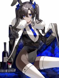 Rule 34 | 1girl, animal ears, black hair, black jacket, black leotard, blue bow, blue eyes, blue necktie, boots, bottle, bow, brown thighhighs, character request, collared shirt, copyright request, cup, dress shirt, drinking glass, expressionless, fake animal ears, formal, fur-trimmed collar, fur trim, gloves, gluteal fold, hair between eyes, hair bow, hair ornament, highleg, highleg leotard, highres, jacket, jacket on shoulders, kuga huna, leotard, long hair, long sleeves, multicolored clothes, multicolored hair, multicolored jacket, necktie, open clothes, open jacket, pantyhose, parted bangs, parted lips, plate, rabbit ears, ribbed shirt, ringlets, shirt, sidelocks, simple background, sitting, solo, star (symbol), star hair ornament, streaked hair, suit, thigh boots, thighhighs, twintails, two-tone jacket, two side up, white background, white footwear, white gloves, white jacket, white shirt, wine bottle, wine glass