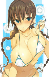 Rule 34 | 1girl, bad id, bad pixiv id, bent over, bikini, blue eyes, blush, braid, breasts, brown hair, cleavage, coin rand, covered erect nipples, earbuds, earphones, huge breasts, long hair, looking at viewer, navel, open mouth, original, smile, solo, strap pull, swimsuit, twin braids, white bikini