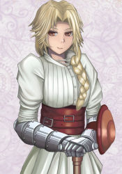 Rule 34 | 1girl, armor, belt, blonde hair, braid, breasts, brown eyes, closed mouth, cross-laced clothes, gauntlets, gloves, hair over shoulder, holding, long hair, looking at viewer, mystic ark, shield, single braid, smile, solo, weapon