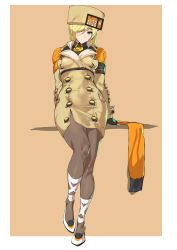 Rule 34 | 1girl, ashiomi masato, beige jacket, blonde hair, blue eyes, breasts, brown pantyhose, buttons, closed mouth, fur hat, gloves, guilty gear, guilty gear strive, hat, jacket, large breasts, legs, long hair, long sleeves, looking at viewer, millia rage, pantyhose, smile, swept bangs