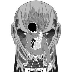 Rule 34 | 1boy, back, bertolt hoover, clothes grab, colossal titan, facing away, feet out of frame, from behind, giant, giant male, greyscale, jacket grab, kaos (kkkakao), male focus, monochrome, official style, paradis military uniform, shingeki no kyojin, short hair, spoilers, symbolism, three-dimensional maneuver gear, titan (shingeki no kyojin), undressing