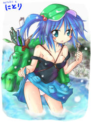 Rule 34 | 1girl, aqua eyes, backpack, bag, blue hair, bottle, breasts, character name, collarbone, cucumber, female focus, hair bobbles, hair ornament, hat, kamashi, kawashiro nitori, leaf, medium breasts, off shoulder, open mouth, panties, short hair, solo, strap slip, touhou, twintails, two side up, underwear, white panties, wrench