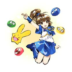 Rule 34 | 1girl, ahoge, arle nadja, arm up, blue footwear, blue shirt, blue skirt, blue wristband, boots, brown eyes, brown hair, carbuncle (puyopuyo), commentary request, flat chest, full body, high ponytail, highres, index finger raised, jumping, kaigen 1025, miniskirt, open mouth, ponytail, puyo (puyopuyo), puyopuyo, shirt, short sleeves, sketch, skirt, smile, vest, white vest, wristband