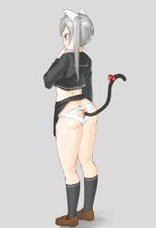Rule 34 | 1girl, anal, anal tail, animal ears, anus, ass, ass cutout, black shirt, black skirt, black socks, blush, bow, brown footwear, butt crack, butt plug, cat ears, cat tail, closers, clothes lift, clothing cutout, fake animal ears, fake tail, from behind, full body, grey background, grey hair, half-closed eyes, hand to own mouth, hand up, heart cutout, highres, kneehighs, long sleeves, moebell, panties, partially visible vulva, ponytail, red bow, red eyes, school uniform, serafuku, sex toy, shirt, shoes, side ponytail, simple background, skirt, skirt lift, socks, solo, standing, tail, tina (closers), underwear, white panties