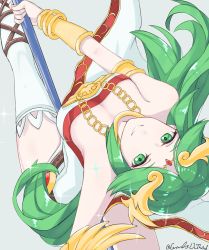 Rule 34 | 1girl, ancient greek clothes, armlet, artist name, bare shoulders, bracer, breasts, chiton, circlet, cleavage, dancing, dress, female focus, floating hair, from behind, gold, green eyes, green hair, grey background, grimmelsdathird, headdress, highres, holding, holding weapon, jewelry, kid icarus, kid icarus uprising, large breasts, leaning back, leg up, legs, long hair, looking at viewer, lots of jewelry, neck ring, necklace, nintendo, palutena, parted bangs, pole dancing, signature, smile, solo, spread legs, strapless, strapless dress, thighhighs, tiara, upside-down, very long hair, weapon, white dress