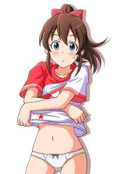 Rule 34 | 1girl, blue eyes, blush, bow, bow panties, brown hair, closed mouth, clothes lift, commentary request, cowboy shot, crotch seam, frown, hair bow, idolmaster, idolmaster million live!, idolmaster million live! theater days, lesson wear (idolmaster million live!), lielos, lifted by self, looking at viewer, medium hair, navel, no pants, panties, ponytail, red bow, red shirt, satake minako, shadow, shirt, shirt lift, short sleeves, simple background, solo, standing, sweatdrop, t-shirt, underwear, undressing, white background, white panties