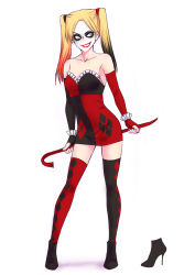 Rule 34 | 1girl, bare shoulders, batman (series), blonde hair, boots, crowbar, dc comics, detached sleeves, dress, female focus, gloves, harley quinn, high heel boots, high heels, highres, lipstick, long hair, makeup, minidress, multicolored clothes, multicolored dress, pencil dress, piw (piwpiww), solo, thighhighs, tight clothes, tight dress, twintails, weapon