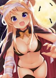 Rule 34 | 1girl, :d, animal, animal ear fluff, animal ears, bandaged arm, bandaged head, bandages, bat (animal), bikini, black bikini, black cape, black thighhighs, blonde hair, blue eyes, blush, bow, breasts, brown bow, cape, cat ears, cleavage, collarbone, commentary request, fang, full moon, hair bun, hair ornament, hairclip, halloween, highres, kemonomimi mode, kin-iro mosaic, kujou karen, large breasts, long hair, looking at viewer, minato ojitan, moon, multicolored cape, multicolored clothes, navel, night, night sky, o-ring, o-ring bikini, o-ring bottom, o-ring top, open mouth, outdoors, red cape, single hair bun, single thighhigh, sky, smile, solo, swimsuit, thighhighs, two-sided cape, two-sided fabric, very long hair, x hair ornament
