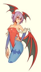 Rule 34 | 1girl, animal print, bare shoulders, bat print, bat wings, breasts, bridal gauntlets, cleavage cutout, clothing cutout, commentary, cropped legs, demon girl, diamond cutout, gloves, hair between eyes, hand on own hip, head wings, highres, leotard, lilith aensland, long bangs, looking at viewer, medium breasts, oxcoxa, pantyhose, print pantyhose, purple hair, red eyes, red leotard, short hair, solo, strapless, strapless leotard, vampire (game), wings