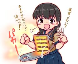 Rule 34 | 1girl, artist logo, black hair, blue sailor collar, blue skirt, braid, brown eyes, brown shirt, commentary request, cowboy shot, dated, heater, kantai collection, kutone shirika, landing gear, landing ship no. 101 (kancolle), long hair, low twintails, machinery, open mouth, pleated skirt, puff of air, sailor collar, school uniform, serafuku, shirt, skirt, smile, solo, translation request, twin braids, twintails, v-shaped eyebrows
