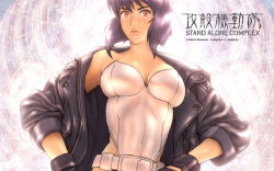 Rule 34 | 00s, 1girl, belt, breasts, cleavage, close-up, covered erect nipples, ghost in the shell, ghost in the shell stand alone complex, gloves, jacket, kusanagi motoko, large breasts, leotard, lips, purple hair, red eyes, shirou masamune, short hair, solo