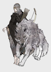 Rule 34 | 1girl, arrow (projectile), barefoot, blonde hair, bow (weapon), closed eyes, closed mouth, elden ring, helmet, herheim, highres, latenna the albinauric, lobo (elden ring), quiver, robe, simple background, soles, standing, tiptoes, weapon, white background, wolf