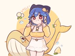 Rule 34 | 1girl, animal, bao (vtuber), beanie, black hat, blonde hair, blue hair, blush stickers, breasts, brown background, chonkyorca, cleavage, closed mouth, commentary, detached sleeves, english commentary, english text, flying sweatdrops, food, fruit, hands up, hat, highres, ice, ice cube, indie virtual youtuber, large breasts, lemon, long sleeves, looking at viewer, puffy long sleeves, puffy sleeves, red eyes, skirt, sleeves past wrists, smile, solo, strapless, two-tone background, virtual youtuber, whale, white skirt, yellow sleeves