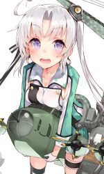 Rule 34 | 10s, 1girl, absurdres, ahoge, aircraft, airplane, akitsushima (kancolle), earrings, gloves, hair ornament, hat, highres, jewelry, kantai collection, kou mashiro, long hair, miniskirt, nishikitaitei-chan, open mouth, purple eyes, side ponytail, silver hair, simple background, smile, solo, uniform