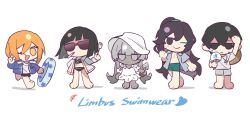 Rule 34 | 2boys, 3girls, bikini, black bikini, black hair, blonde hair, blue jacket, charon (project moon), chibi, closed mouth, colored skin, don quixote (project moon), dress, dress swimsuit, grey eyes, grey hair, grey skin, high ponytail, highres, hong lu (project moon), jacket, limbus company, long hair, looking at viewer, multiple boys, multiple girls, one-piece swimsuit, one eye closed, open mouth, project moon, ryoshu (project moon), short hair, simple background, smile, south ac, sunglasses, swimsuit, twintails, very long hair, white background, white dress, white jacket, white one-piece swimsuit, yellow eyes, yi sang (project moon)