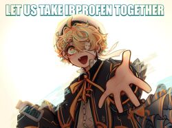 Rule 34 | 1boy, absurdres, ahoge, bandage over one eye, bandages, blonde hair, blue capelet, blue jacket, capelet, commentary, english commentary, fang, hat, highres, holding, ibuprofen, impact (font), jacket, let&#039;s take ibuprofen together (meme), maghni ai, male focus, meme, oliver (maghni ai), oliver (vocaloid), open mouth, outstretched hand, pill bottle, reaching, reaching towards viewer, ribbon, sailor hat, shirt, short hair, smile, solo, tsururoach, vocaloid, white shirt, yellow eyes, yellow ribbon