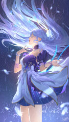 Rule 34 | 1girl, bead bracelet, beads, bracelet, closed eyes, detached sleeves, dress, earrings, facing to the side, floating hair, from side, gloves, halo, hand up, head wings, hebbtia, highres, honkai: star rail, honkai (series), jewelry, long hair, music, open mouth, purple dress, robin (honkai: star rail), short sleeves, singing, solo, standing, two-tone dress, white dress, white gloves, white wings, wings