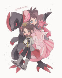 Rule 34 | 1boy, 1girl, :d, alternate color, blush, boots, brown eyes, brown hair, chibi, closed mouth, commentary request, creatures (company), crown, diamond (shape), diancie, dress, epaulettes, eyelashes, game freak, gen 5 pokemon, gen 6 pokemon, green eyes, grey footwear, haxorus, highres, hilda (pokemon), hilda (special costume) (pokemon), hime (himetya105), jacket, legendary pokemon, mini crown, mythical pokemon, nate (champion) (pokemon), nate (pokemon), nintendo, official alternate costume, open mouth, pants, parted bangs, pink dress, pokemon, pokemon (creature), pokemon masters ex, shiny pokemon, short hair, smile, teeth, upper teeth only, white background