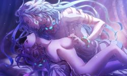 Rule 34 | ai no uta, bed, blue hair, bracelet, breasts, clothed male nude female, collar, couple, curly hair, earrings, eleanor vert, fantasy, game cg, hetero, jewelry, kiichi kojima, kyle (ai no uta), large breasts, long hair, looking at another, nipple stimulation, nipple tweak, nipples, nude, open clothes, pale skin, pink hair, shirt, white shirt