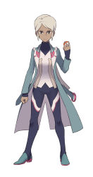 Rule 34 | 1girl, androgynous, blanche (pokemon), blue jacket, bodysuit, brown eyes, clenched hand, creatures (company), dark-skinned female, dark skin, expressionless, full body, game freak, high heels, highres, holding, holding poke ball, jacket, long hair, looking at viewer, nintendo, official style, other focus, parody, poke ball, pokemon, pokemon go, ponytail, redlhzz, sidelocks, silver hair, simple background, solo, style parody, white background