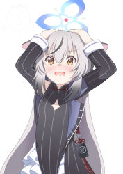 Rule 34 | 1girl, absurdres, animal ears, arms up, blue archive, blush, breasts, brown eyes, commentary request, grey hair, hair between eyes, hands on own head, highres, jacket, kokona (blue archive), looking at viewer, open mouth, simple background, small breasts, solo, tears, white background, zundamochi (sera)