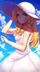 Rule 34 | 1girl, absurdres, bare arms, blonde hair, blue sky, braid, cloud, collared dress, creatures (company), day, dress, game freak, green eyes, hat, highres, lillie (pokemon), long hair, meong, nintendo, outdoors, pokemon, pokemon sm, simple background, sky, sleeveless, sleeveless dress, solo, sun hat, sundress, twin braids, white background, white dress, white hat