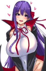 Rule 34 | 1girl, absurdres, bb (fate), bb (fate) (all), bb (swimsuit mooncancer) (fate), bb (swimsuit mooncancer) (third ascension) (fate), black coat, bouhatei (t-back), breasts, coat, collared leotard, covered navel, fate/grand order, fate (series), highleg, highleg leotard, highres, huge breasts, leotard, long hair, looking at viewer, neck ribbon, open clothes, open coat, popped collar, purple eyes, purple hair, red ribbon, ribbon, smile, vampire costume, white leotard