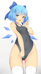 Rule 34 | 1girl, :d, bare arms, black one-piece swimsuit, blue bow, blue eyes, blue hair, bow, breasts, cirno, covered navel, cowboy shot, fang, gluteal fold, gradient background, hair bow, highres, ice, ice wings, linnkou, looking at viewer, one-piece swimsuit, open mouth, short hair, small breasts, smile, solo, swimsuit, tan, tanned cirno, thighhighs, touhou, v, white thighhighs, wings