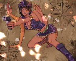 Rule 34 | 1girl, absurdres, black hair, cowboy hat, dark skin, extra arms, full body, gun, hana hana no mi, hat, highres, holding, holding gun, holding weapon, long hair, looking at viewer, nico robin, one piece, smile, sol (http wanning), solo, spanish commentary, watermark, weapon, web address
