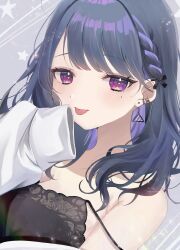 Rule 34 | 1girl, :p, black camisole, blue hair, blush, braid, breasts, camisole, colored inner hair, diamond-shaped pupils, diamond (shape), earrings, french braid, highres, jacket, jewelry, koshimizu toru, koshimizu toru (2nd costume), long sleeves, looking at viewer, medium breasts, mole, mole under eye, multicolored hair, nijisanji, off shoulder, official alternate hairstyle, purple eyes, single bare shoulder, sleeves past fingers, sleeves past wrists, solo, star (symbol), strap slip, streaked hair, symbol-shaped pupils, teeth, tongue, tongue out, triangle earrings, uoxou mea, upper teeth only, virtual youtuber, white jacket