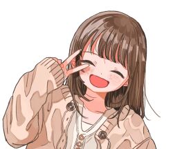 Rule 34 | 1girl, brown hair, brown sweater, closed eyes, facing viewer, hand up, long hair, long sleeves, maple (abc2215), open mouth, original, shirt, simple background, sleeves past wrists, smile, solo, sweater, upper body, v, white background, white shirt