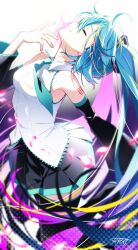 Rule 34 | 1girl, aqua eyes, aqua hair, aqua necktie, bare shoulders, black sleeves, blush, breasts, closed eyes, commentary, detached sleeves, facing up, hatsune miku, highres, long hair, medium breasts, necktie, petals, smile, solo, symbol-only commentary, thighhighs, tochi keisuke, twintails, very long hair, vocaloid