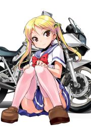 Rule 34 | 10s, 1girl, bakuon!!, bell, blonde hair, bow, hair bell, hair ornament, hands on own knees, loafers, long hair, looking at viewer, motor vehicle, motorcycle, orimoto mimana, pink thighhighs, pleated skirt, red eyes, school uniform, shoes, sitting, skirt, smile, solo, suzuki (company), suzunoki rin, thighhighs, twintails, vehicle