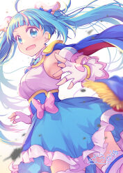 Rule 34 | 1girl, artist name, blue cape, blue dress, blue eyes, blue hair, bow, brooch, cape, commentary, cowboy shot, cure sky, cut bangs, detached sleeves, dress, dress bow, fingerless gloves, frilled dress, frills, gloves, highres, hirogaru sky! precure, jewelry, long hair, looking at viewer, magical girl, multicolored hair, muusu, open mouth, precure, puffy detached sleeves, puffy sleeves, red cape, short dress, signature, sleeveless, sleeveless dress, smile, solo, sora harewataru, thighhighs, twintails, two-sided cape, two-sided fabric, two-tone dress, very long hair, white dress, white gloves, white thighhighs, wind, wing brooch, wing hair ornament