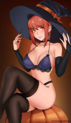 Rule 34 | 1girl, absurdres, bare shoulders, black choker, black headwear, black thighhighs, blush, breasts, bridal gauntlets, chainsaw man, choker, cleavage, closed mouth, collarbone, crossed legs, gradient background, halloween, hands up, hat, highres, hioyami, large breasts, large hat, legs, lips, looking at viewer, makima (chainsaw man), medium hair, orange background, orange eyes, pumpkin, red hair, simple background, sitting, smile, thighhighs, witch hat