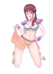 Rule 34 | 10s, 1girl, arabian clothes, armor, belt, bikini armor, blush, breasts, brown hair, choker, cleavage, clothes lift, contrapposto, drill hair, full body, gen (bividgen), hair over shoulder, hand on own hip, highres, kneeling, kuromukuro, large breasts, long hair, looking at viewer, navel, no panties, nose blush, ogino mika, one eye closed, open mouth, pussy, red eyes, see-through, skirt, skirt lift, solo, tiara, twin drills, white background, wince
