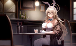 Rule 34 | 1girl, akane (blue archive), akane (bunny) (blue archive), alcohol, animal ears, aqua bow, aqua bowtie, bar (place), bare shoulders, blue archive, blurry, bottle, bow, bowtie, breasts, brown eyes, brown hair, cleavage, cocktail glass, cup, depth of field, detached collar, drinking glass, fake animal ears, glass, glasses, gloves, hair between eyes, halo, highres, large breasts, leotard, light, long hair, pantyhose, picture frame, plaid shawl, playboy bunny, qumai79, shawl, sitting, smile, solo, table, white gloves, white leotard, white pantyhose, wine bottle, wine glass