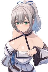 Rule 34 | 1girl, bare shoulders, belt, blush, braid, breasts, cleavage, closed mouth, collarbone, detached sleeves, enumiyaa, frilled sleeves, frills, green eyes, grey hair, hair ribbon, halterneck, highres, hololive, large breasts, long hair, long sleeves, looking down, necktie, ponytail, ribbon, shirogane noel, shirogane noel (5th costume), shirt, short necktie, simple background, solo, spaghetti strap, upper body, virtual youtuber, white background, white shirt