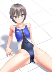 Rule 34 | 1girl, absurdres, blue eyes, blue one-piece swimsuit, clothes writing, collarbone, commentary request, competition swimsuit, covered navel, cowboy shot, glasses, grey hair, highres, leaning back, logo, looking at viewer, multicolored clothes, multicolored swimsuit, one-piece swimsuit, original, short hair, sitting, solo, spread legs, swimsuit, takafumi, tile floor, tiles, tomboy, variant set
