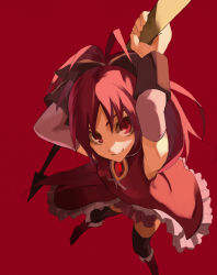 Rule 34 | 10s, 1girl, armpits, arms up, boots, bow, detached sleeves, foreshortening, from above, hair bow, jonasan, knee boots, long hair, mahou shoujo madoka magica, mahou shoujo madoka magica (anime), pepe (jonasan), polearm, ponytail, red background, red eyes, red hair, sakura kyoko, smile, solo, spear, thighhighs, weapon